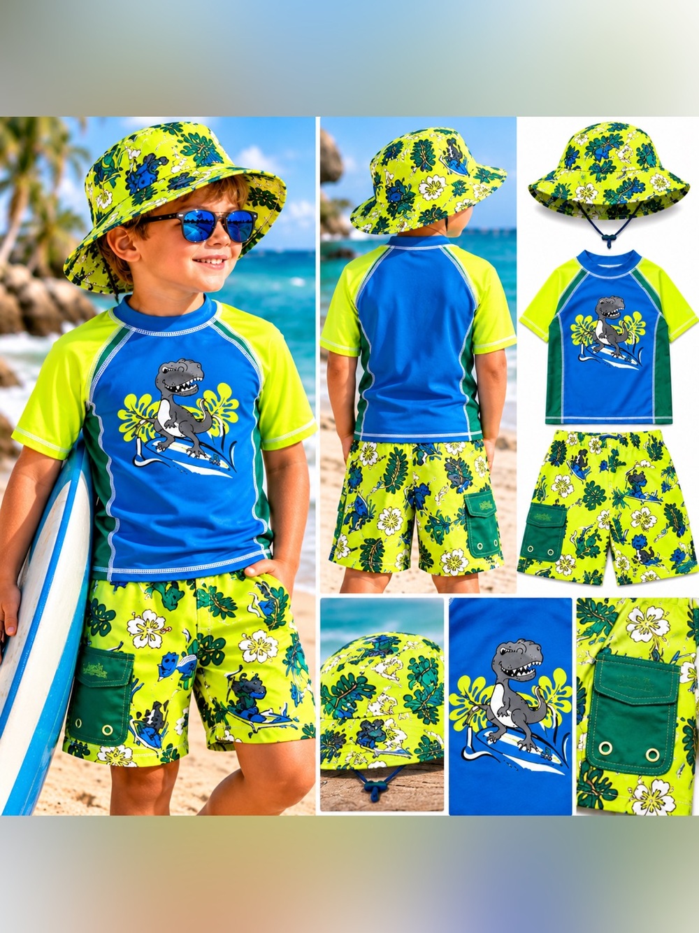 Swim Set T-Rex Little Boys 3-piece Skinz UPF 50+ Sun Protection Surf Board, Sz 7